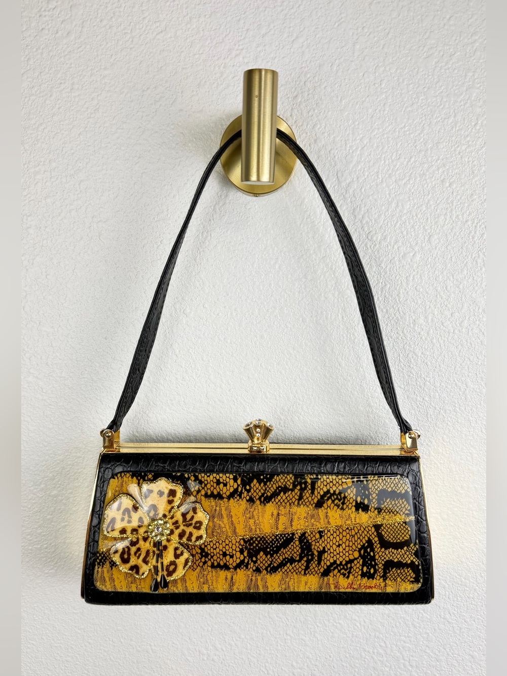 Debbie Brookes VTG Snakeskin Pattern Jeweled Flower Clasp Frame Bag